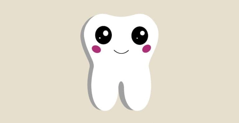 A drawing of a smiling tooth with big black eyes and rosy cheeks against a tan background