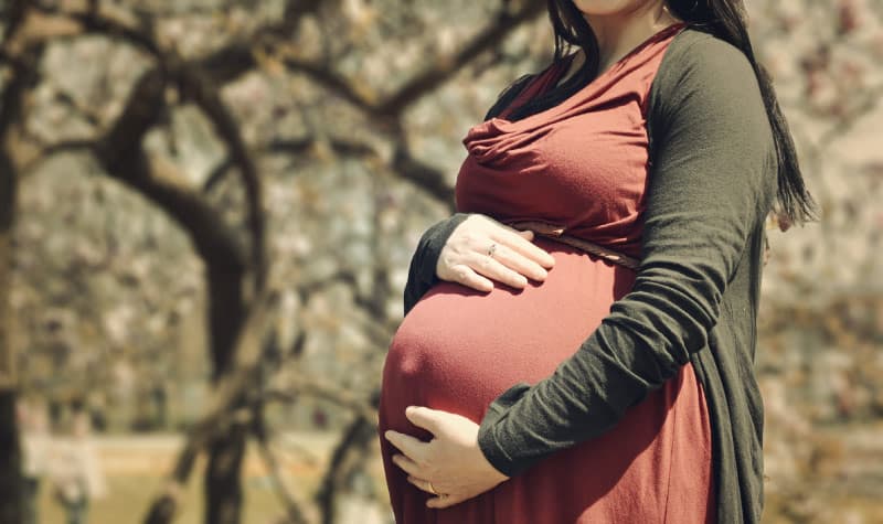 Pregnant woman wearing a coral shirt holds her belly while standing by trees in the winter